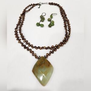 Elegant Green Chrysoprase and bronze pearl Necklace and Earring Set Handmade